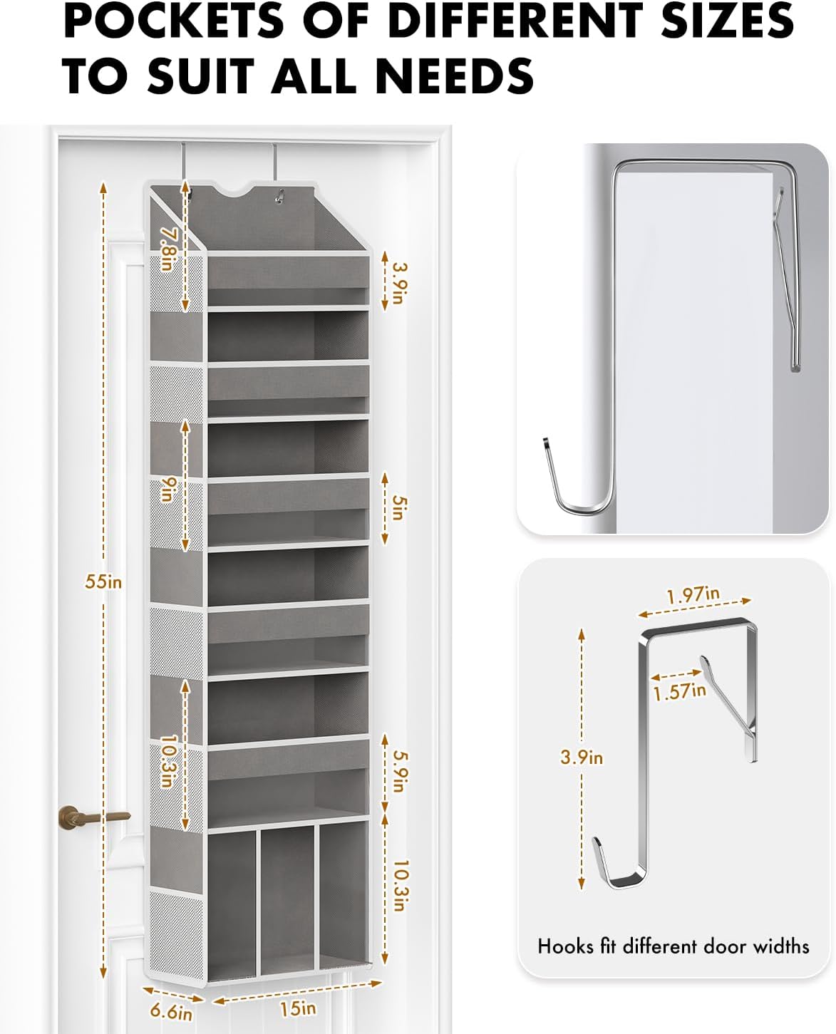 2-Pack Over The Door Organizer Hanging 6-Shelf Storage Organizer with 50lb Heavy Duty Perfect for Bathroom Closet Nursery Bedroom Pantry Laundry (Grey)