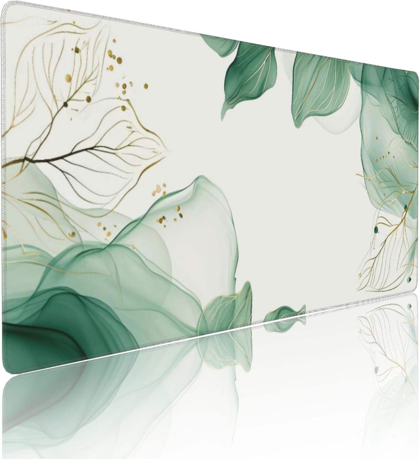 Watercolor Green Leaves Large Mouse Pad, Vintage Aesthetic Gaming Desk Mat, XXL Keyboard Desk Pad Mat for Desktop, 35.4"x15.7" Non-Slip Base Big Mousepad with Stitched Edges
