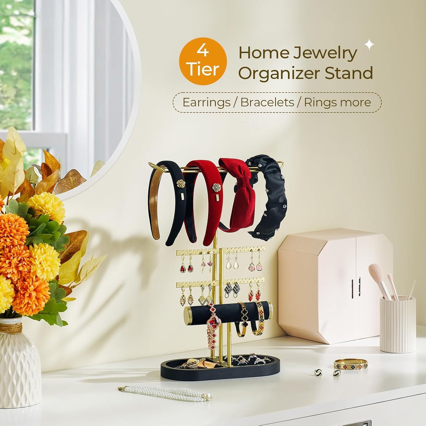 3 Tiers Jewelry Organizer, Earring Holder Organizer with 80 Holes, T-Bar Beige Velvet Bracelet Holder for HeadBands, Earrings, Bracelets, Rings Jewelry Holder Organizer (Black Gold)
