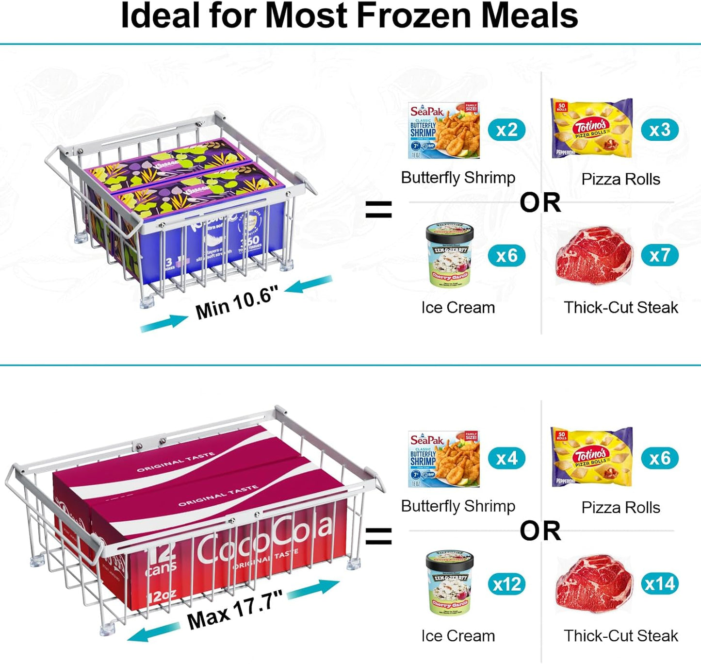 iSPECLE Freezer Organizer Bins - Fit 10 to 20 Cu Ft Chest Freezer, 2 Pack Large Expandable Stackable Deep Freezer Organizer Bins Sort and Easily Get Food without Digging in the Freezer, White