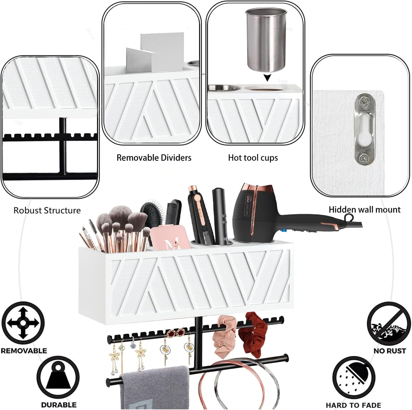 Rustic Hair Dryer Holder Wall Mounted,Hair Styling Tools & Accessories Organizer,Bathroom Supplies & hot Tools vanities Organizer Caddy,for Storage Flat Iron,Blow Dryer,Curling Iron,Towel
