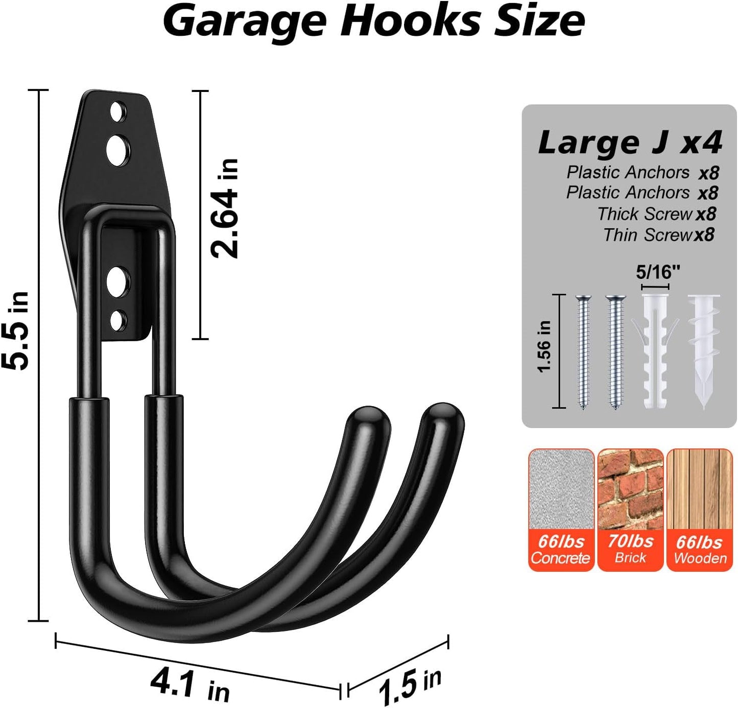 4 Pack Heavy Duty Garage Hooks,Solid Steel Wall Mount Hangers,with Anti-Slip Coating,for Hanging and Organising Ladder,Bike,Ropes,Broom,Garden,Yard and Power Tools(5.5x4.1 inch)