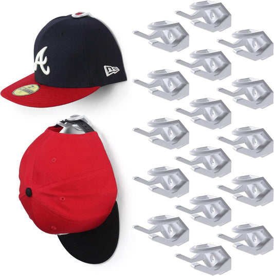 Modern JP Adhesive Hat Hooks for Wall (16-Pack) - Hat Rack for Baseball Caps, Minimalist Hat Display, Strong Hold Hat Hangers for Wall - USA Patented, White