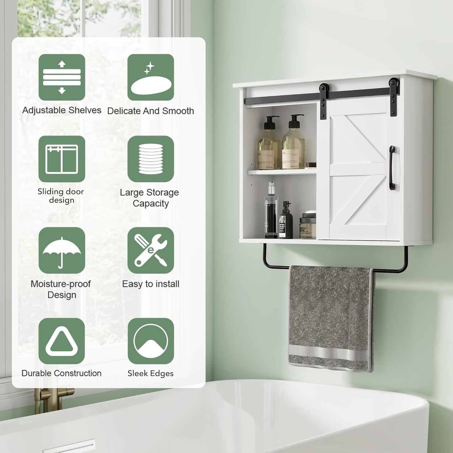 Bathroom Wall Cabinet Over Toilet Sliding Door 23x19 Inch Farmhouse Medicine Cabinet with Towel Bar Motion Sensor Light Adjustable Shelves White Above Toilet Storage for Laundry or Kitchen