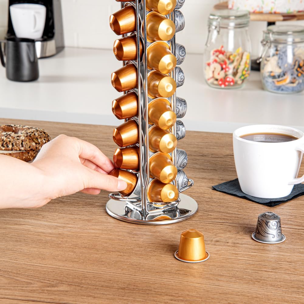 Restaurantware Restpresso 4.5 x 14.6 Inch Coffee Capsule Holder 1 Durable Pod Carousel - Holds 40 Nespresso Capsules 360-Degree Rotatable Iron Espresso Pod Organizer Pods Not Included