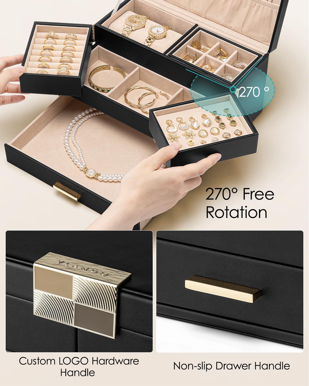 Vlando 3 Layer Jewelry Box - Women Jewelry Box with Retractable Tray - Jewelry Organizers with Drawer for Necklaces, Rings, Bracelets, Earrings, Gift for Couples Mom Girls - Black