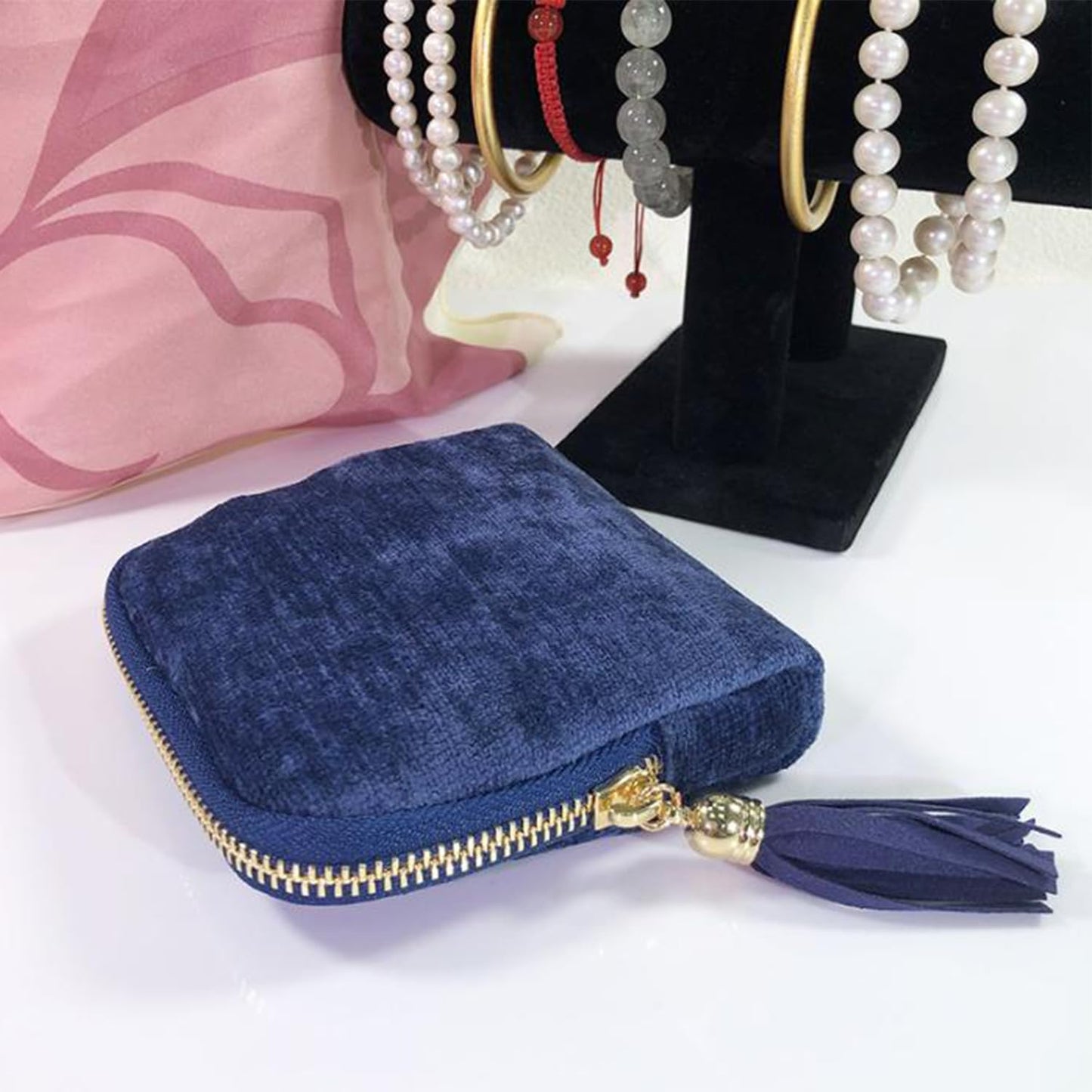 Travel Jewelry Case, Portable Jewelry Storage Bag, Compact Foldable Five Compartments Organizer Pouch with Zipper & Tassel for Earring Necklace Ring Bracelet (Rose red)