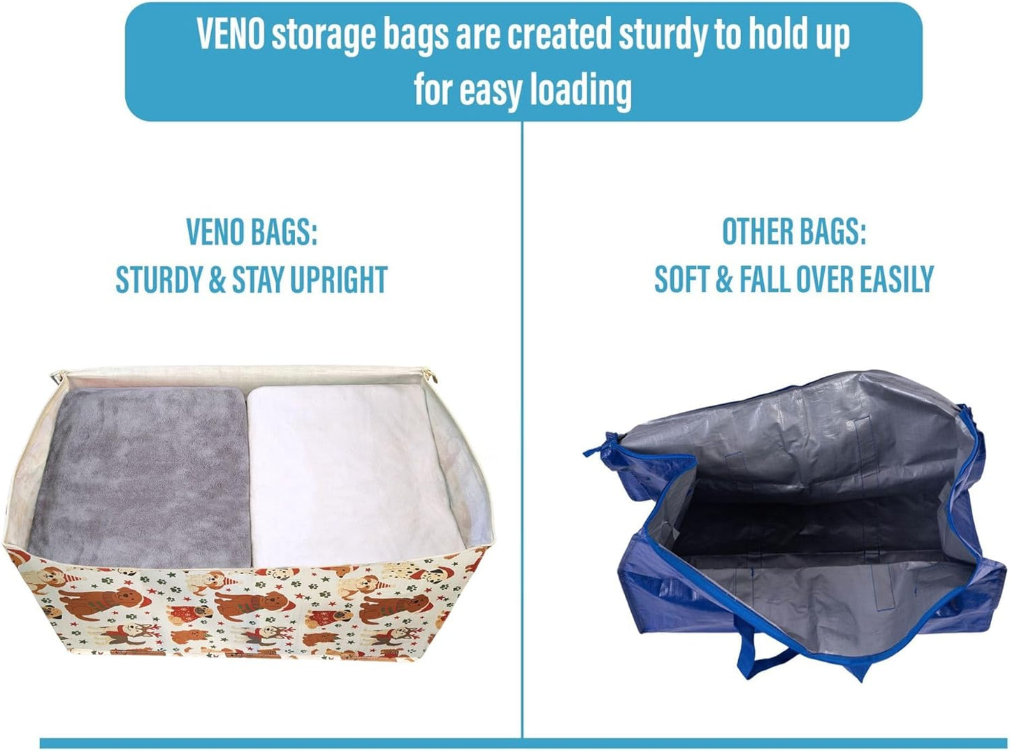 VENO 2 Pack Moving Bags and Large Christmas Decoration Storage Bins with lids. Alternative to Moving Boxes, Packing Supplies for College. Heavy Duty Totes (Holiday Pups, 2 Pack)