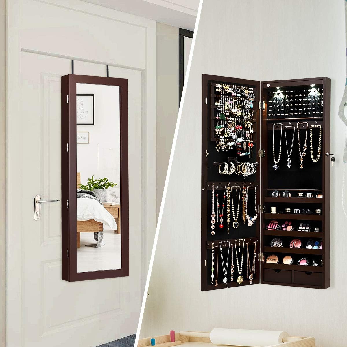 Giantex Jewelry Armoire Wall Door Mounted, Lockable Jewelry Cabinet with 42.5'' Full Length Mirror, 2 LEDs Jewelry Organizer Box with 2 Drawers, Mirror with Jewelry Storage (Espresso)