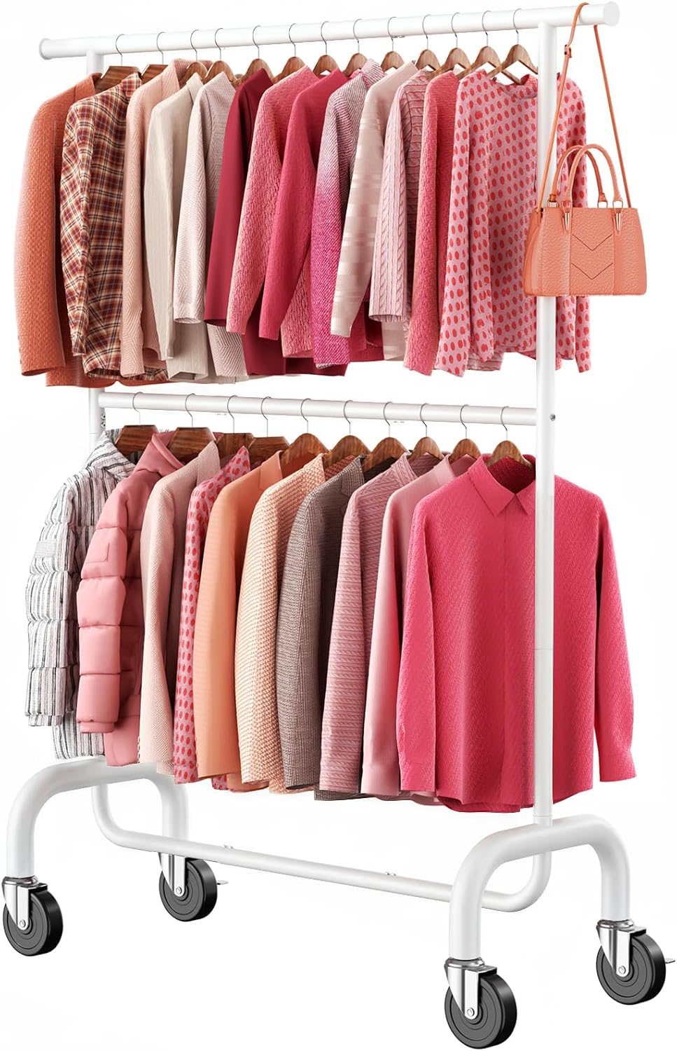 Heavy Duty Clothes Rack Load 600 LBS, Rolling Clothing Rack for Hanging Clothes with Lockable Wheels, Double Rod Garment Rack for Bedroom, Laundry, Living Room, White