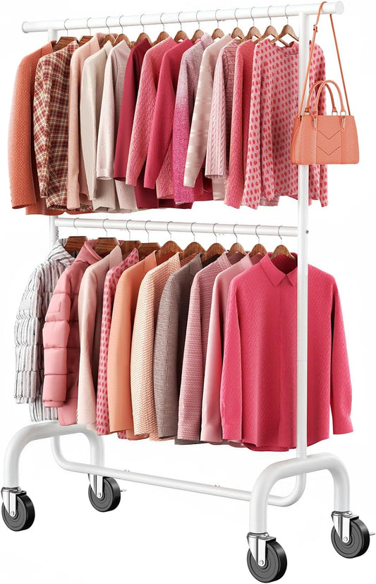 Heavy Duty Clothes Rack Load 600 LBS, Rolling Clothing Rack for Hanging Clothes with Lockable Wheels, Double Rod Garment Rack for Bedroom, Laundry, Living Room, White