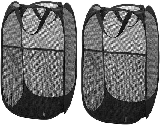 Larpur Popup Mesh Laundry Basket, Collapsible and Portable Clothes Washing Laundry Hamper with Reinforced Carry Handle (Black 2pcs)