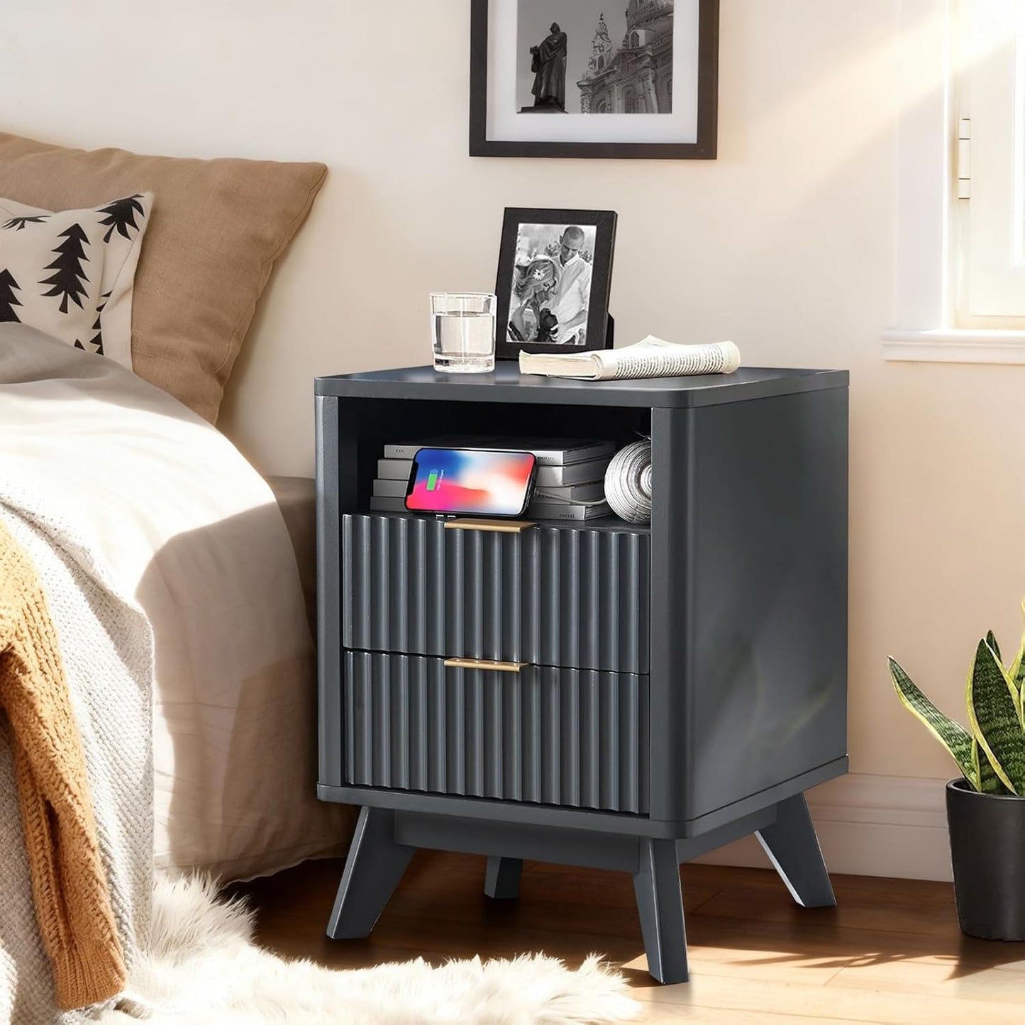 Fluted Nightstand - 24" Modern Bedside Table w/ 2 Drawers, Wood Bed Side End Table with Open Shelf, Night Stand with Storage Drawer, Curved Design Night Stands for Bedroom Living Room (Black)
