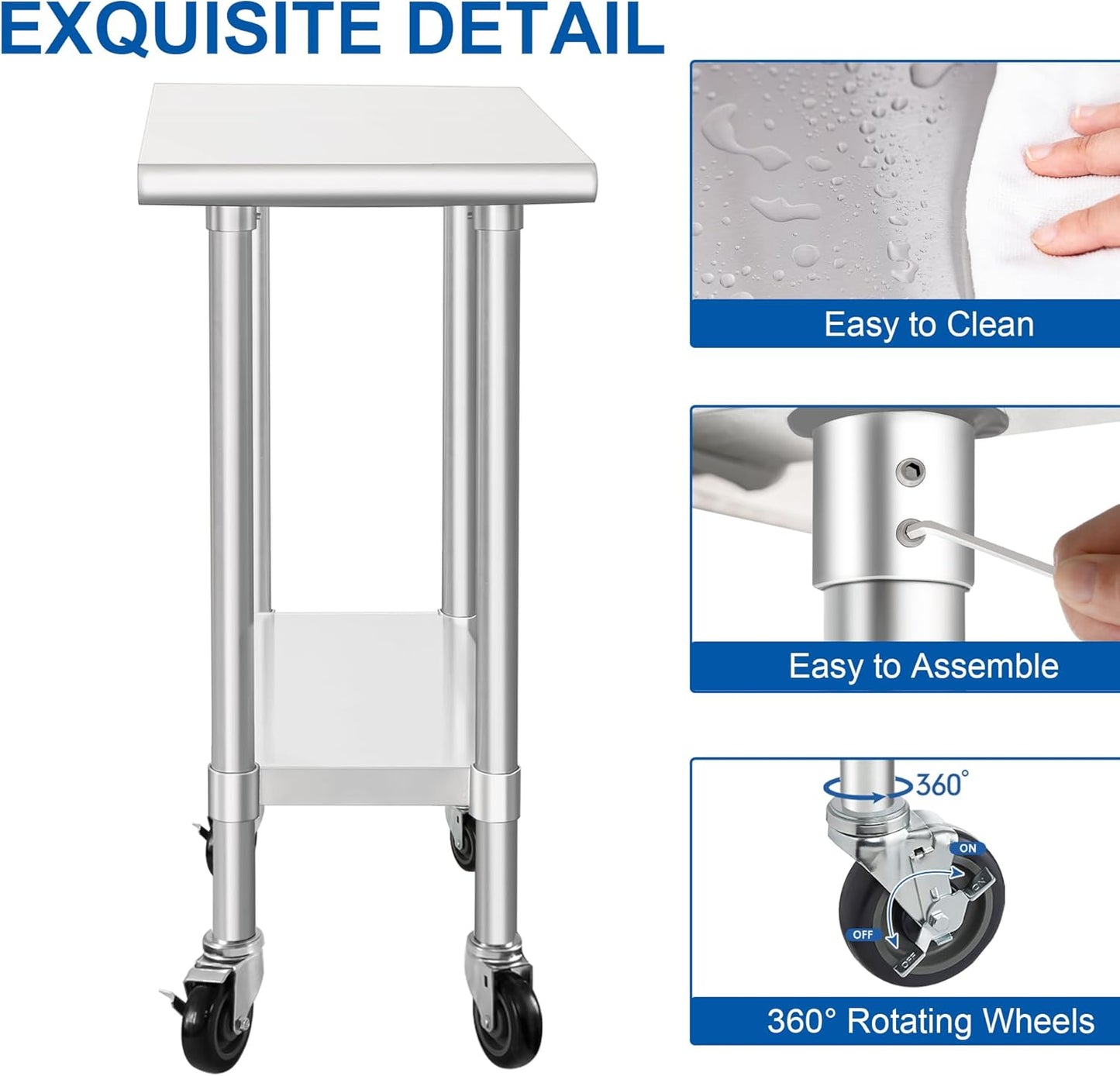 HARDURA Stainless Steel Commercial Table Prep & Work Table with Casters Heavy Duty Metal Table with Wheels NSF 430 30×12 Inches