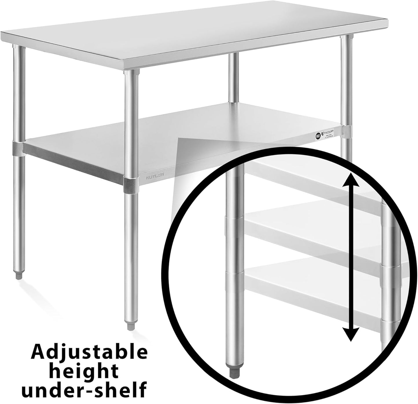 KUTLER Stainless Steel Table 24 x 48 Inches, NSF Heavy Duty Commercial Kitchen Prep and Work Table with Undershelf for Restaurant, Hotel, Home