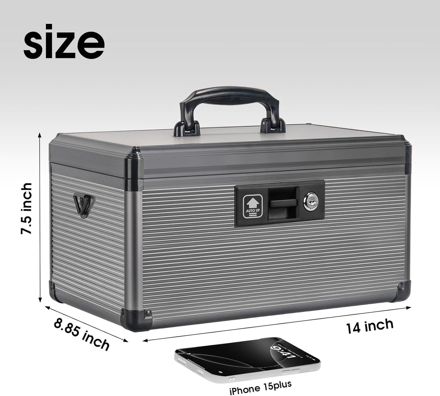 Medicine Lock Box with Key, Alluminum Alloy Box for Medication,First Aid Box with a Removeable Tray to Store Medicines & Pills for Home, Black, 14 * 8.46 * 7.48 Inch