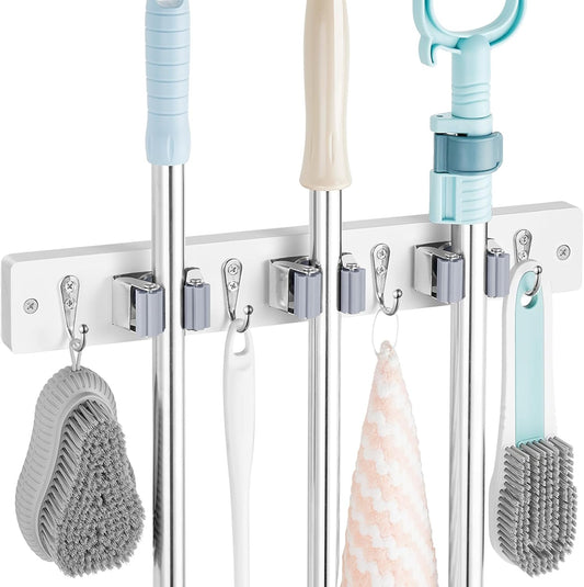 White Mop Broom Holder Wall Mount with 3 Slots & 4 Hooks - Wood Broom Mop Hanger for Pantry Kitchen Organization - Garden Tool Organizer for Closet Laundry Room