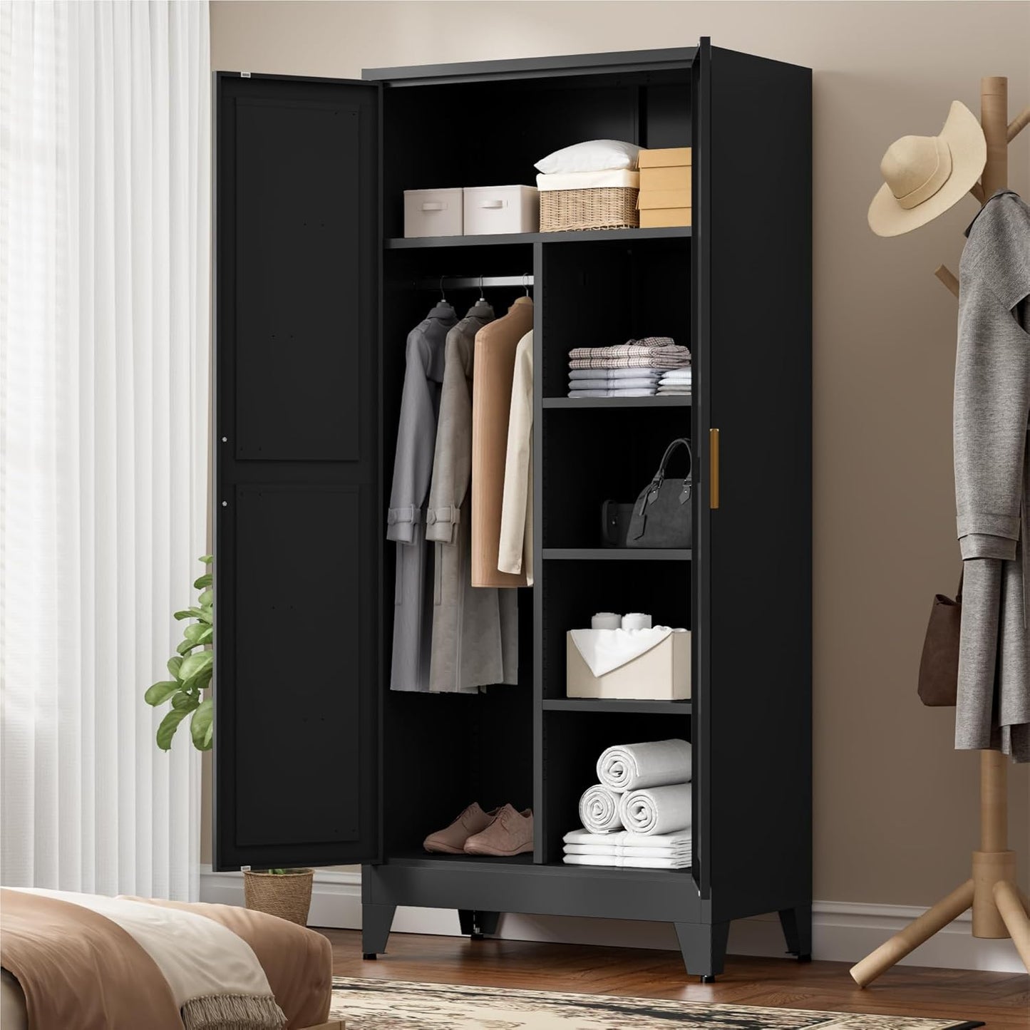 71" Tall Metal Wardrobe Closet with Adjustable Shelves and Hanging Rod, 2 Doors Office Storage Locker Cabinet for Home, Office, Bedroom, Laundry Room, Black