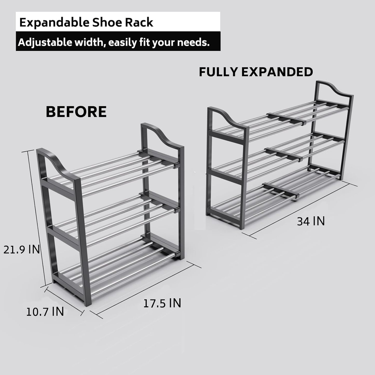 3-Tier Shoe Rack Expandable Shoe Rack for Closet Small Shoe Storage Rack for Entryway Adjustable Shoe Shelf for Small Space, Metal Shoe Organizer for Garage, Front Door Entrance