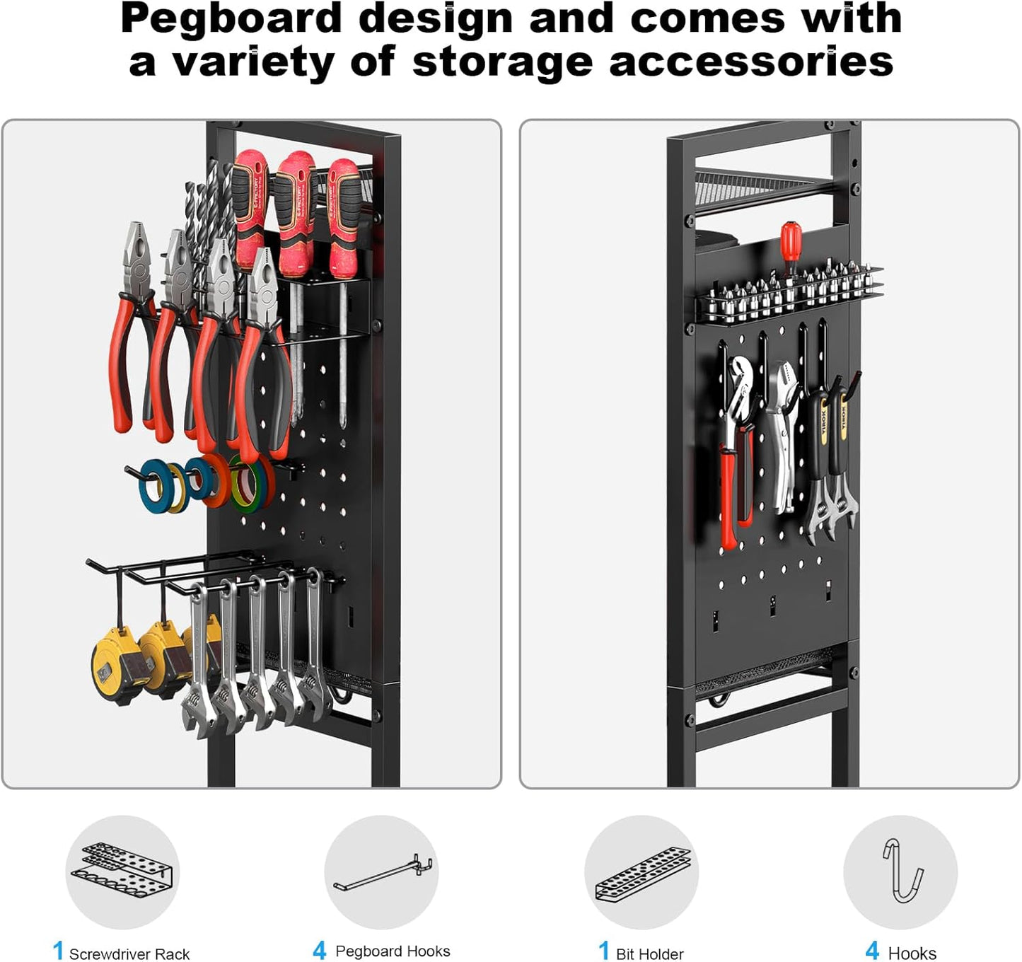 CCCEI Garage Power Tools Organizer Cart with Charging Station, Black Floor Standing Rolling Drill and Tools Battery Storage Cart on Wheels. Black Utility Rack Gift for Men, Husband, Father.