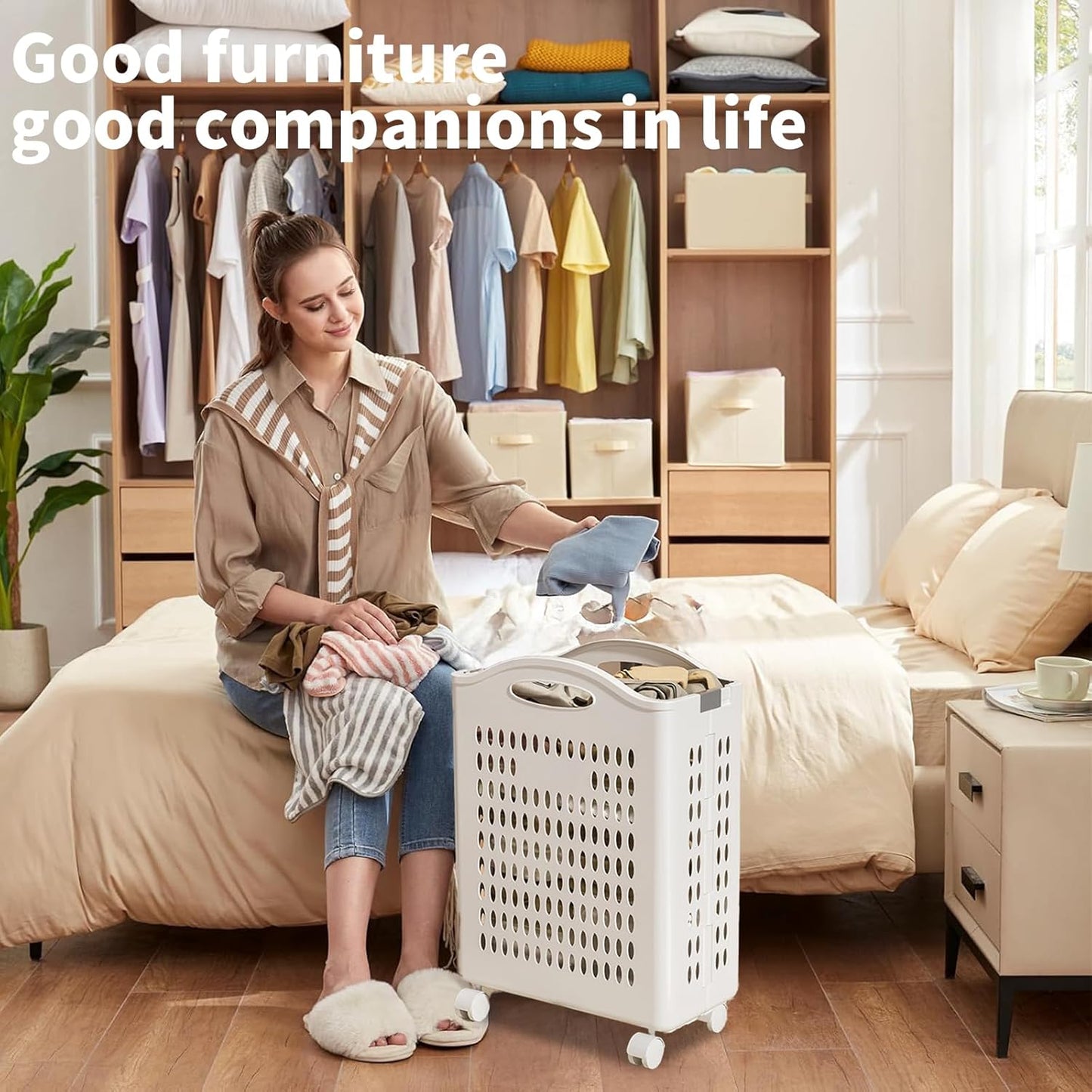 Rolling Laundry Hamper with Wheels - 14W×7.5D×21H Ventilated Plastic Laundry Basket, White Storage Bin with Handles for Small Spaces, Bedroom & Bathroom