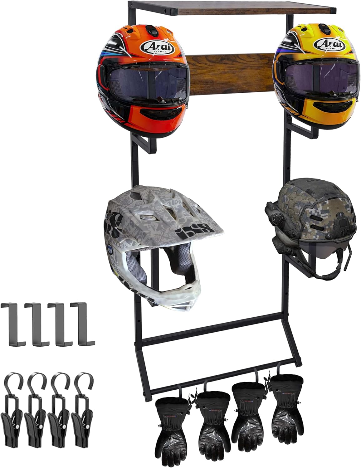 Motorcycle Helmet Holder Wall-Mounted Helmet Rack with 4 Glove Chips& Hooks - Rustic Bike Helmets Storage Organizer, Universal Wall Mount for Helmets, Gear, Clothes, Accessories，Retro