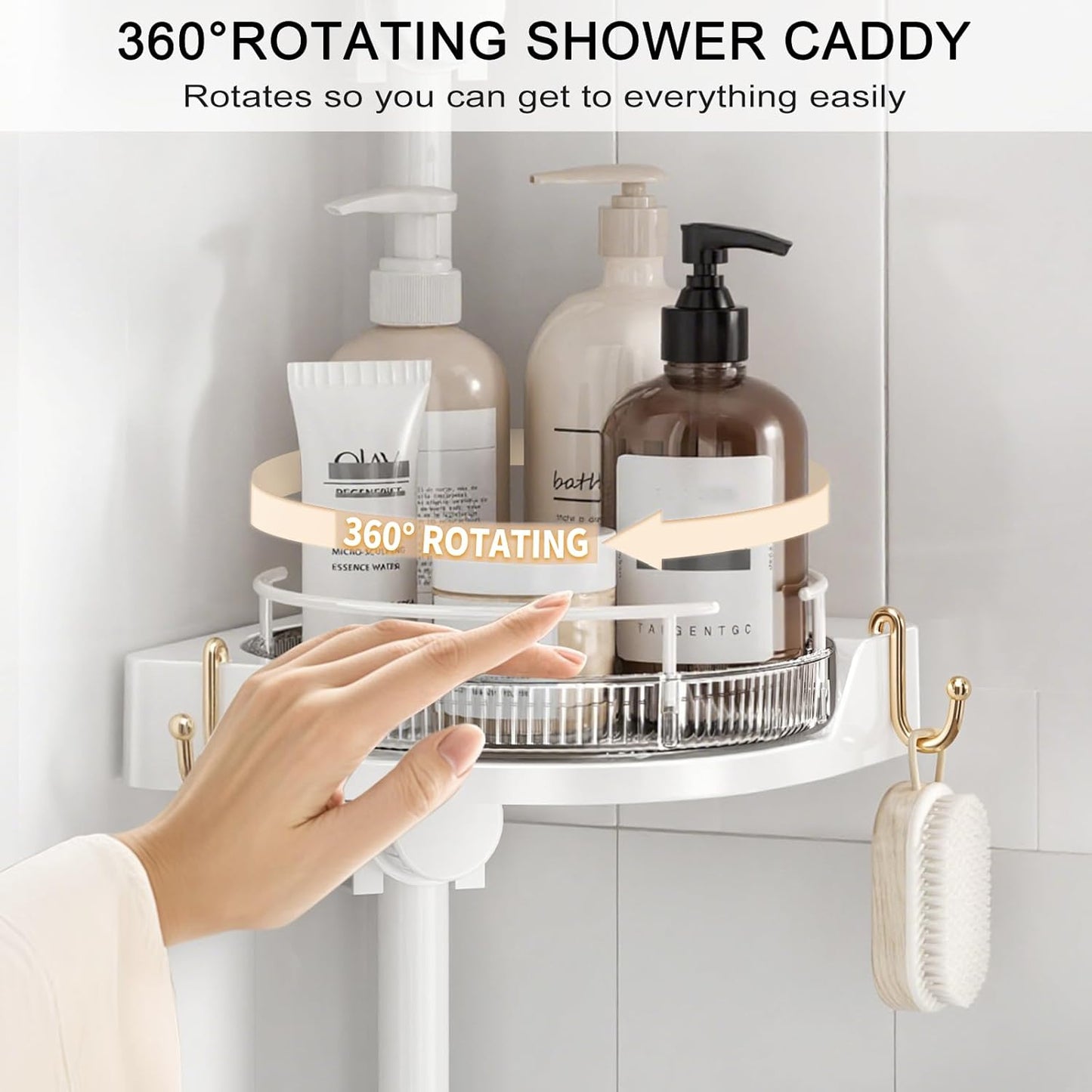 360° Rotating Corner Shower Caddy Tension Pole Organizer - 4-Tier Adjustable Rustproof Metal Pole, Plastic Shelves with Safety Guardrail, Bathroom Storage for Shower & Bathtub(White)