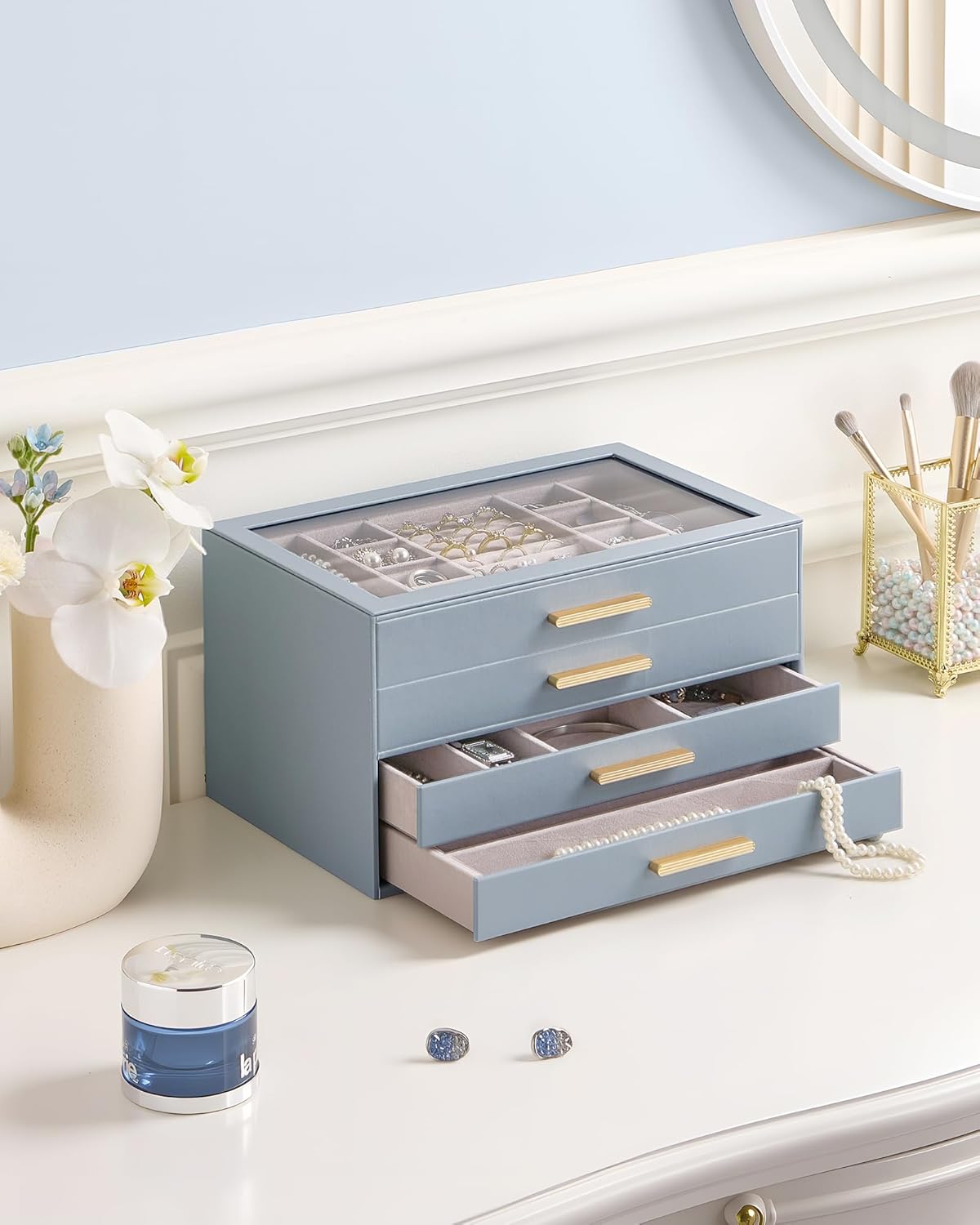 Lolalet Jewelry Box Organizer, 4-Layer Jewelry Organizers and Storage Case with Glass Lid, Ring Earring Bracelet Necklace Holder Organizer, Birthday Christmas Gifts for Women Girls -4Layer, HazeBlue