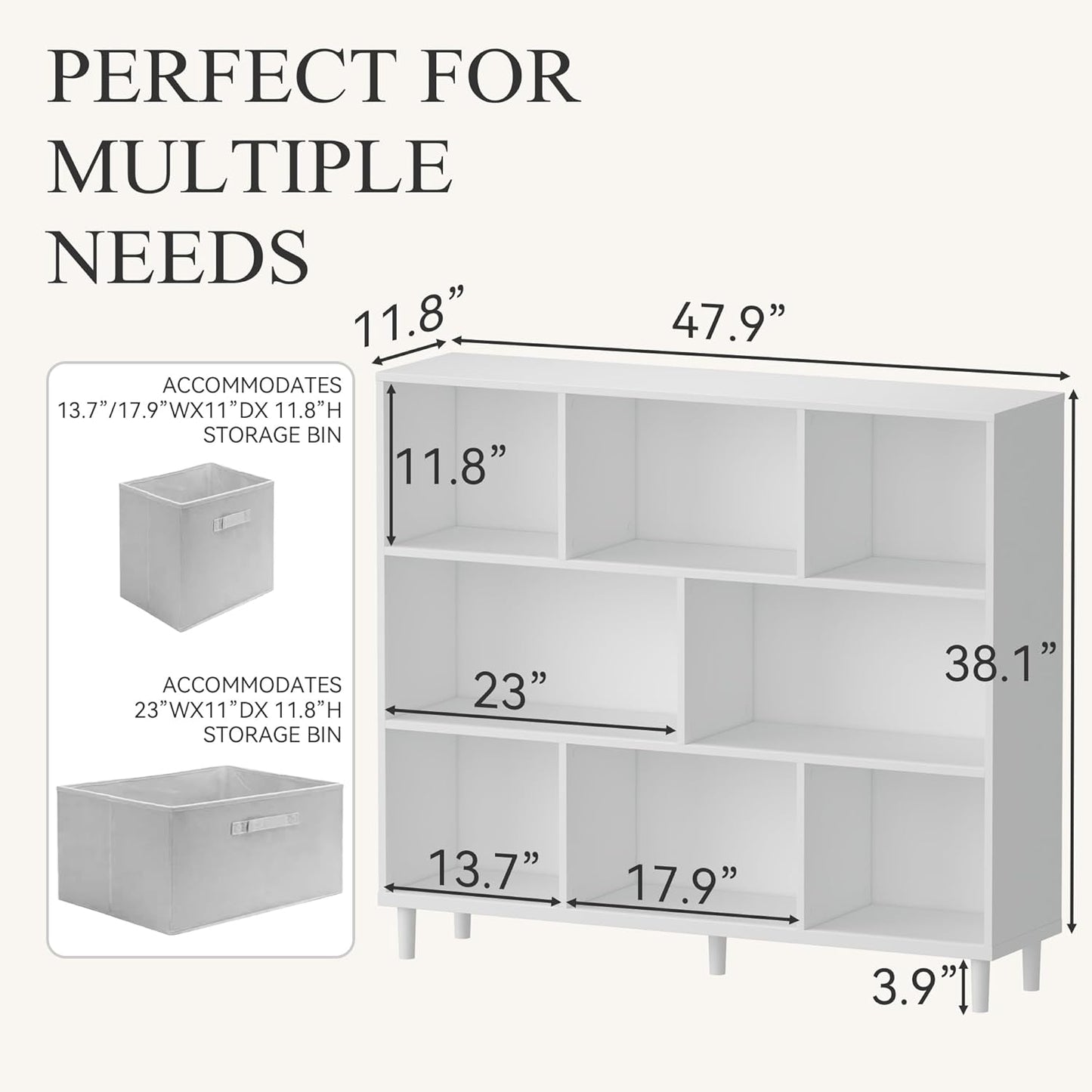 Wood Cube Storage Organizer White Bookshelf - 3-Tier Freestanding Storage Cabinet with Legs for Home Office, 8-Cubes Open Shelf