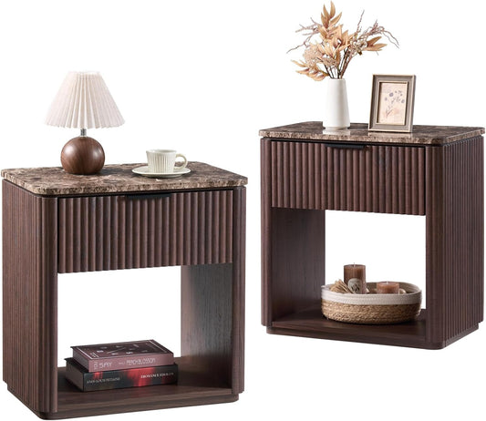 Fluted Nightstand Set of 2, Bedside Table with Faux Marble-Top, Engineered Wood Side Table with Drawer Open Shelf, Curved Corners, Modern Night Stand for Bedroom, Small Spaces, Dark Oak