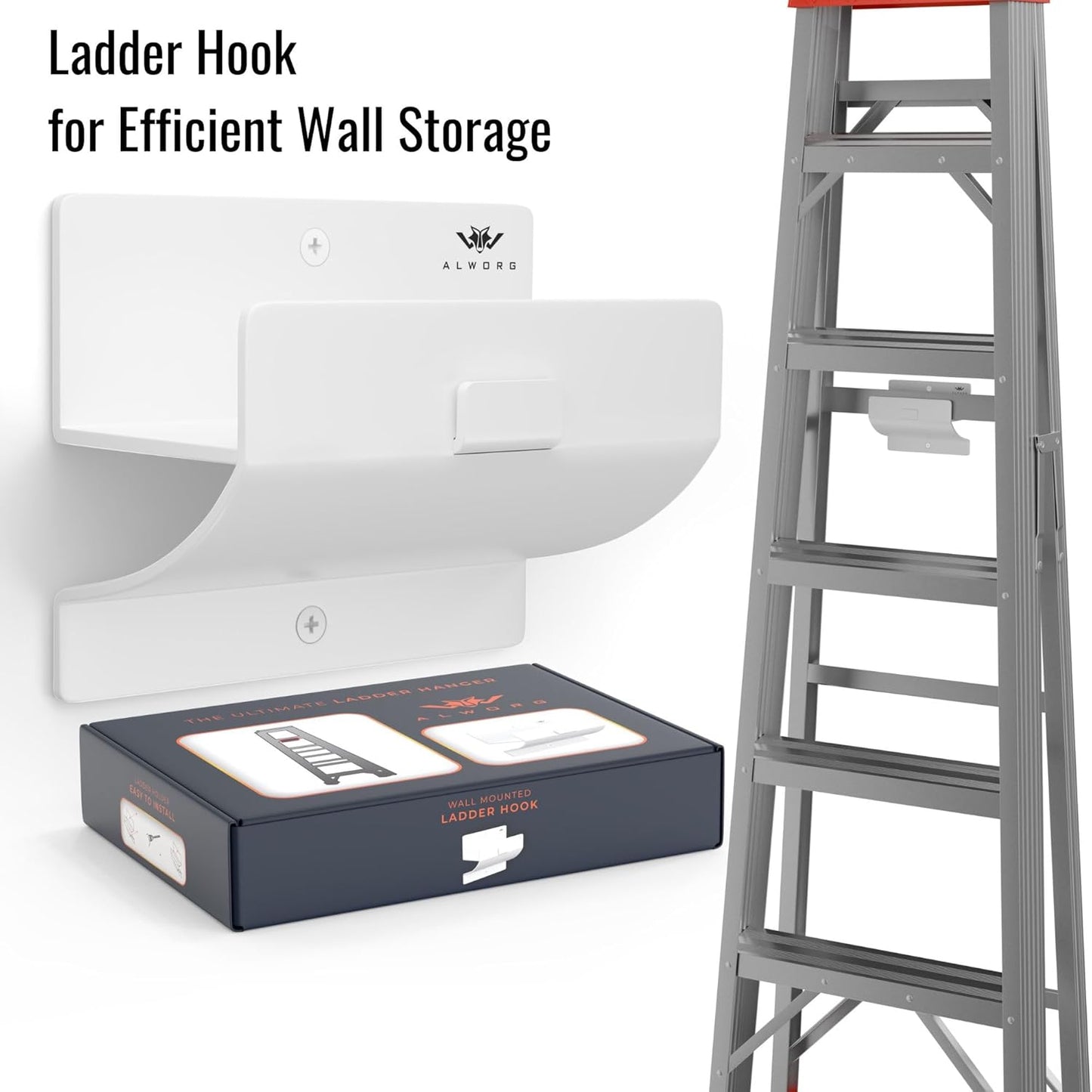 White Ladder Hooks for Garage Wall - Step Ladder Holder Wall Mount - Step Stool Garage Wall Hanger