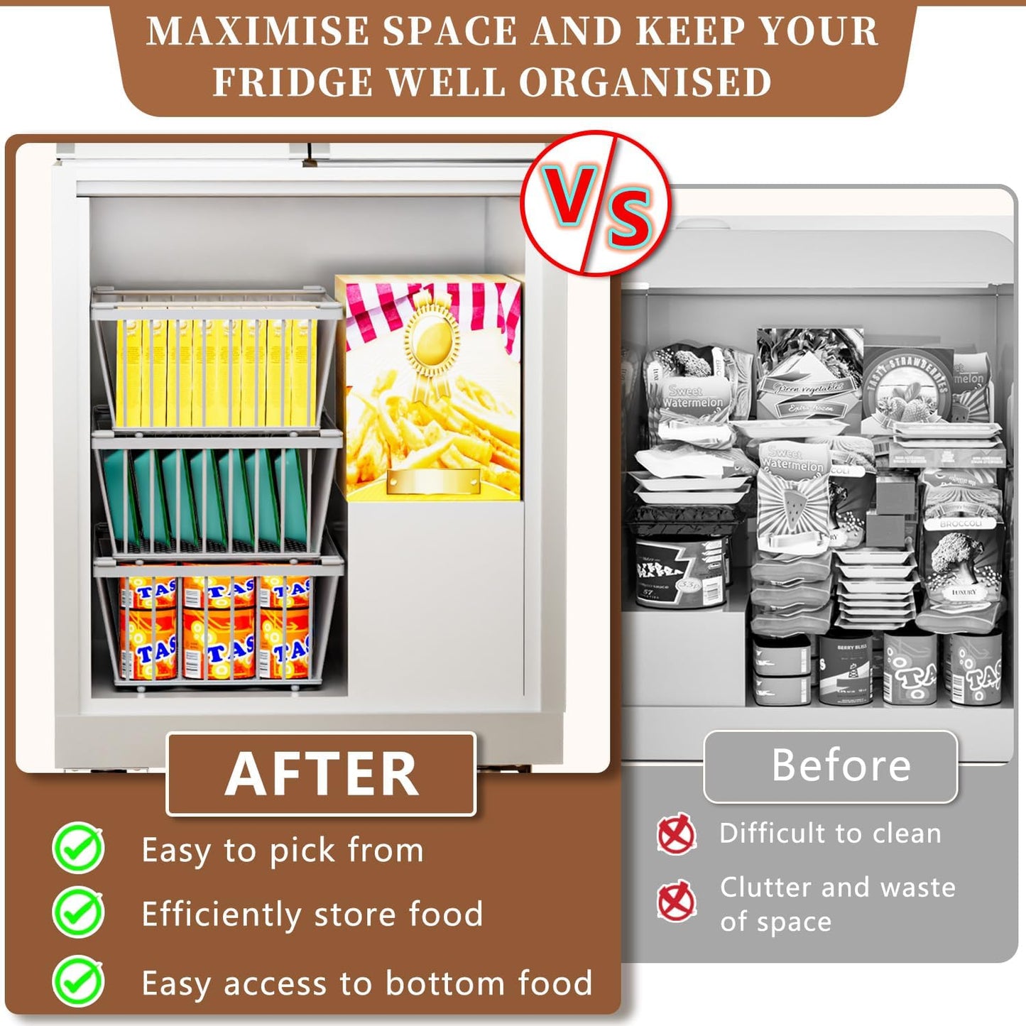 Freezer Organizer Bins ，Enhanced Leak-Proof Bottom，4 Pack Stackable Deep Freezer Organizer Bins for 5 Cu.FT Small Chest Freezer，Easy Get Bottom Foods without Digging （for 5 Cu.Ft