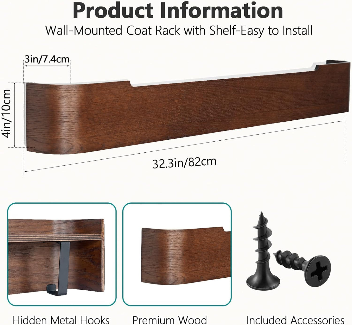 Coat Rack Wall Mount with Hidden Hooks Modern Key Holder Wood Entryway Hook with Shelf for Bedroom Kitchen Hallway Bathroom Designed for Hanging Coats Hats Bags Towel Dog Leashe(Walnut,8 Hooks)