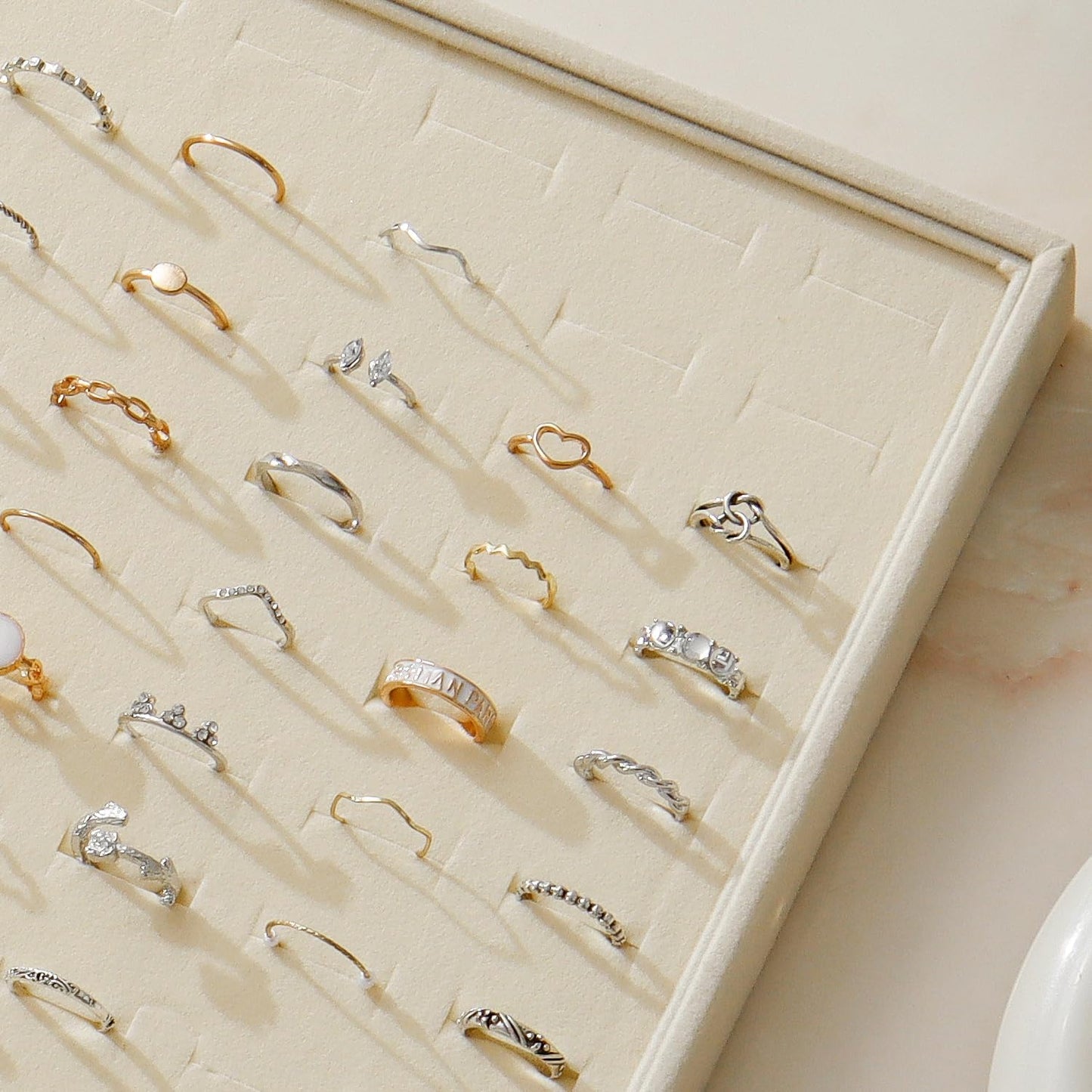 Large Velvet Jewelry Tray 2 Pack Stackable Jewelry Display Drawer Inserts Trays Organizer for Earring Bracelet Necklace Ring (Beige, Ring 81 Slots)
