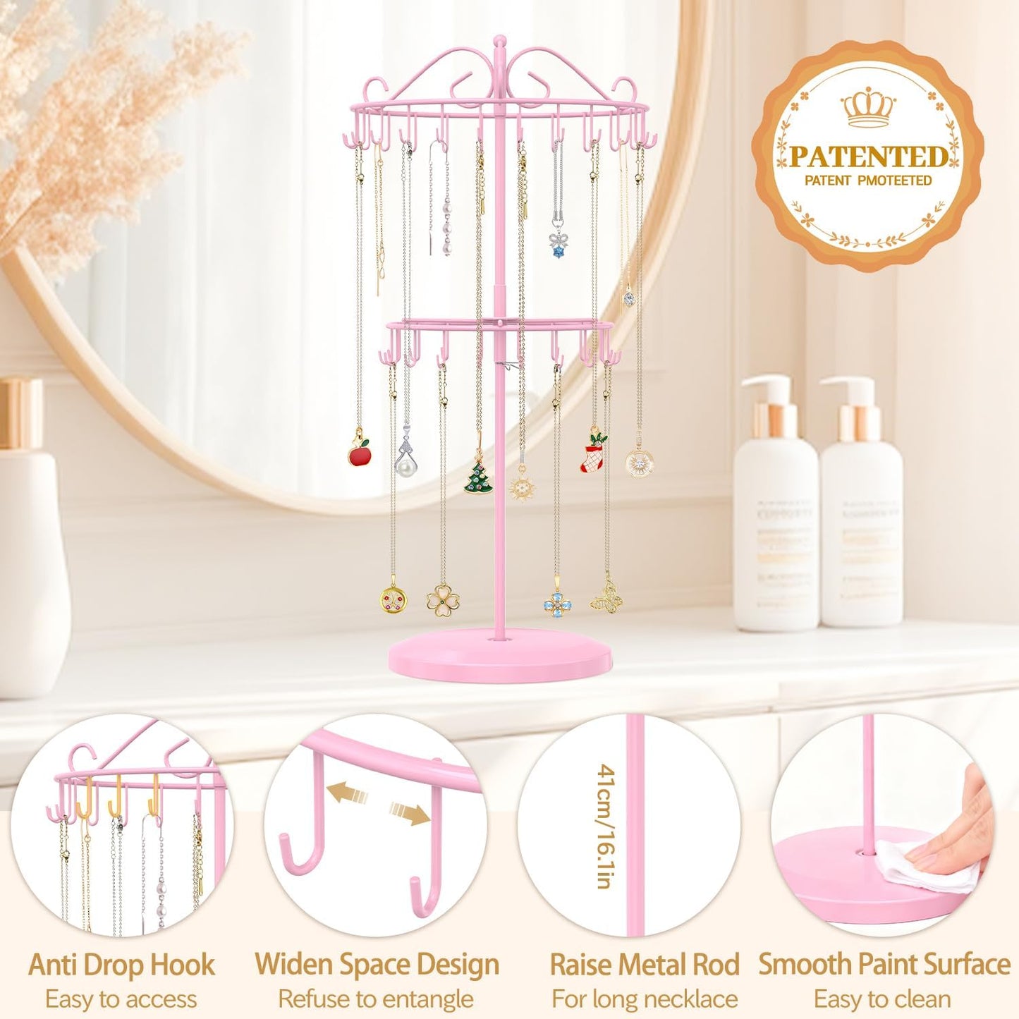 MODOWEY Rotating Necklace Holder Organizer Display Stand with 42 Hooks, 2 Tier Adjustable Metal Tree for Long Necklace Hanger Selling, Tall Spinning Bracelet Storage Rack for Men Women, Pink