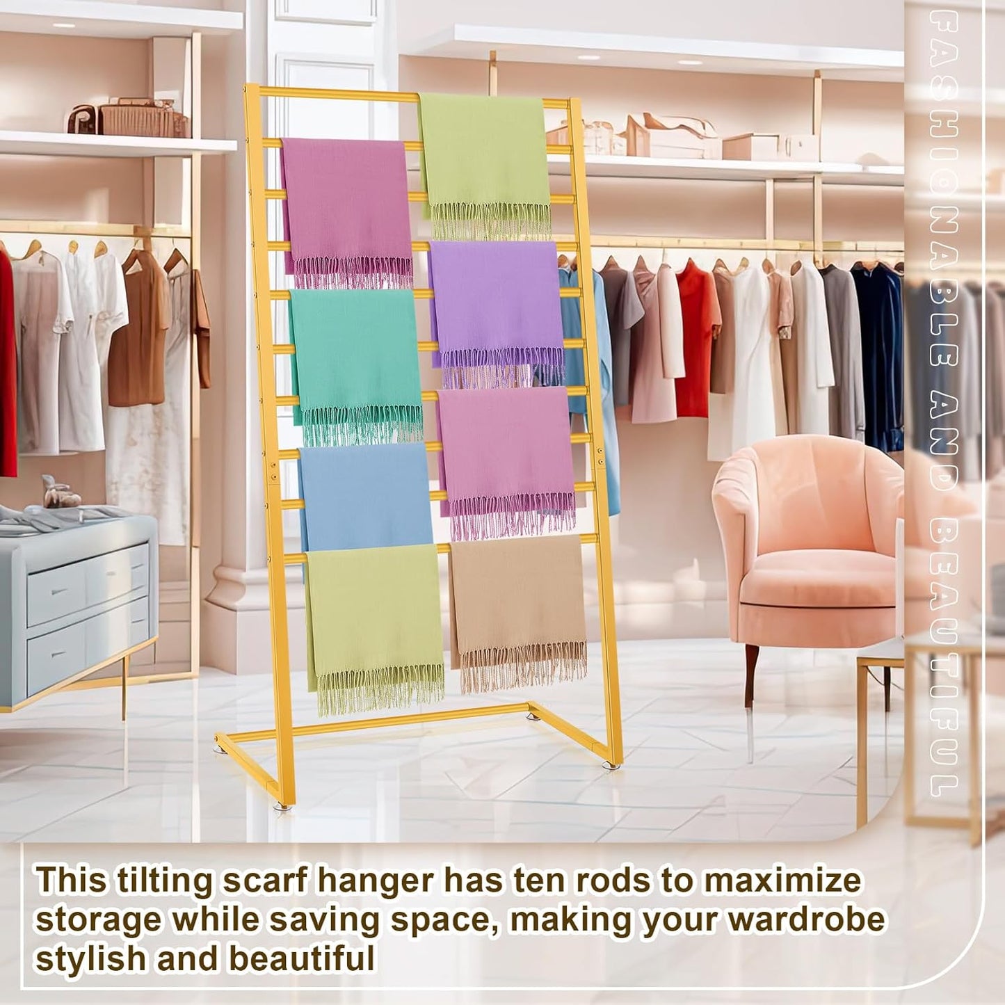 Hijab Organizer, 10 Tier Metal Scarf Holder Organizer, Freestanding Scarf Shawl Display Stand Belt Holder for Boutique Display, Retail Store, Bedroom, Clothing Store