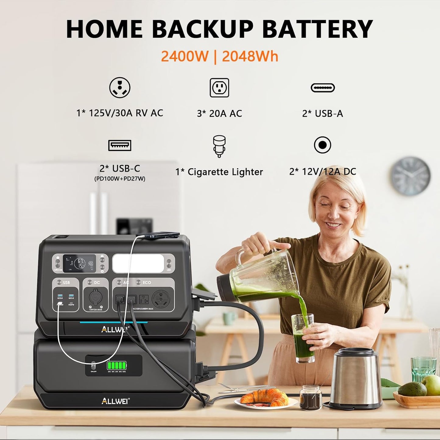 ALLWEI 2400W Portable Power Station with 2 x B200 PRO Expansion Battery, 6144Wh LiFePO4 Battery 4 AC Outlets Up to 2400W for Home, Outdoor Camping, RV, with 1500W AC Charging &1200W Solar Charging