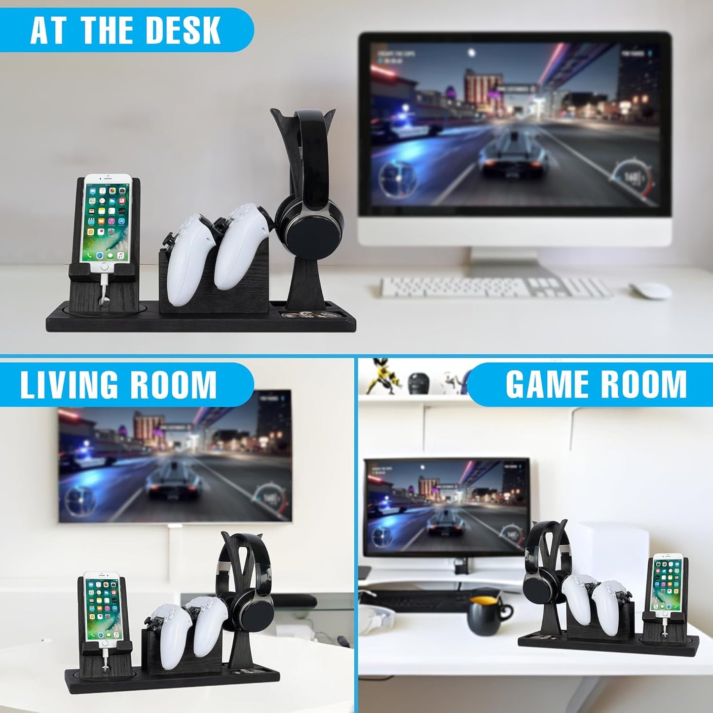 Unique Gift for Gamers, Game Room Decor. Unique Gaming Organizer with Headset Holder, Rotatable Phone Stand & Controller Stand. Wooden Gaming Gadget for Gaming Desktop, Streamer, Teenage Boy