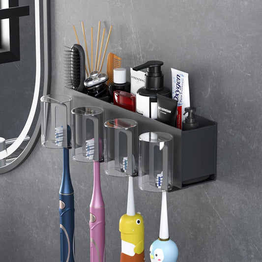 Toothbrush Holders for bathrooms, Toothbrush Holders Wall Mounted, Self-Adhesive Aluminum Toothbrush Organizer, Family-, Storing toothbrushes, Razors, Combs and ot(Titanium Gray)