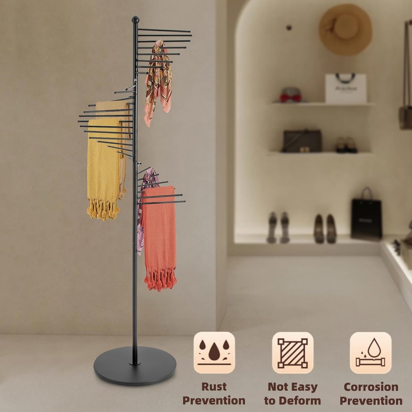 Scarf Organizer, Hijab Organizer, 30 Tiers Metal Scarf Hanger for Multiple Scarves, 67" Height Floor-standing Hijab Stand Belt Pants Hanger for Home, Commercial, Clothing Store (Black)