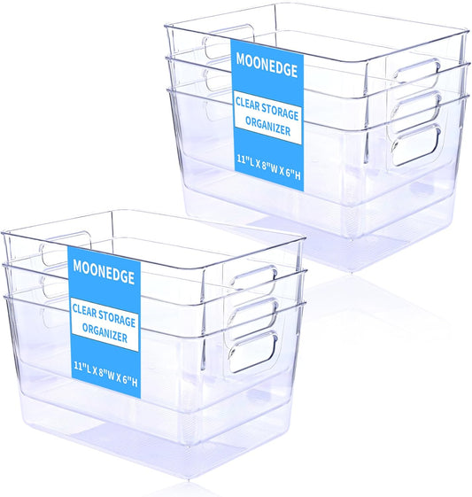 MOONEDGE Open Clear Plastic Storage Bins Stackable Organizer Containers with Handles for Kitchen, Pantry, Fridge, Cabinet, Closet Storage & Home Organization 6 Pack（11 x 8 x 6 in）