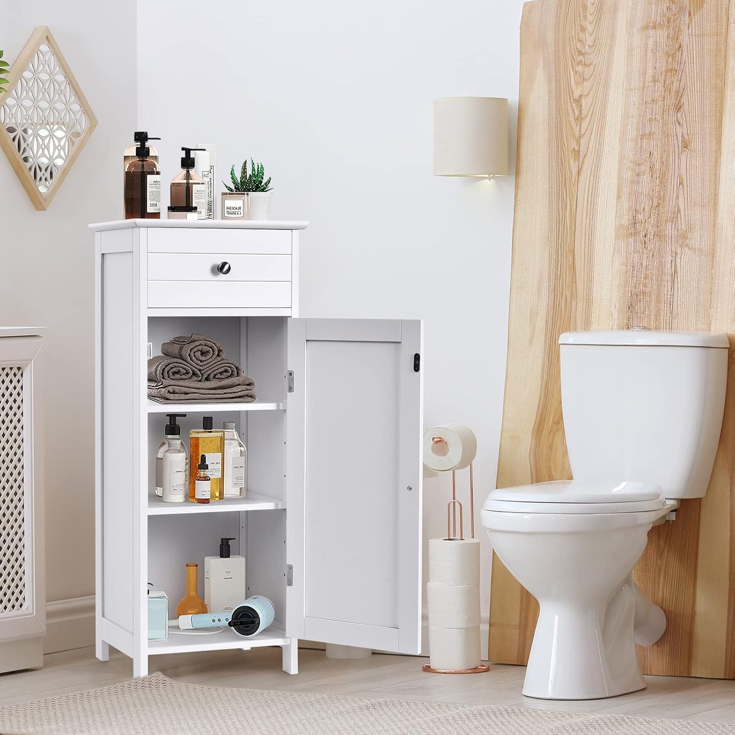 HAPPYGRILL Small Bathroom Storage Cabinet,Single Door Narrow Storage Cabinet Organizer w/Drawer & 3-Level Adjustable Shelves,Bathroom Cabinets Freestanding w/Anti-Tipping Device for Living Room Toilet
