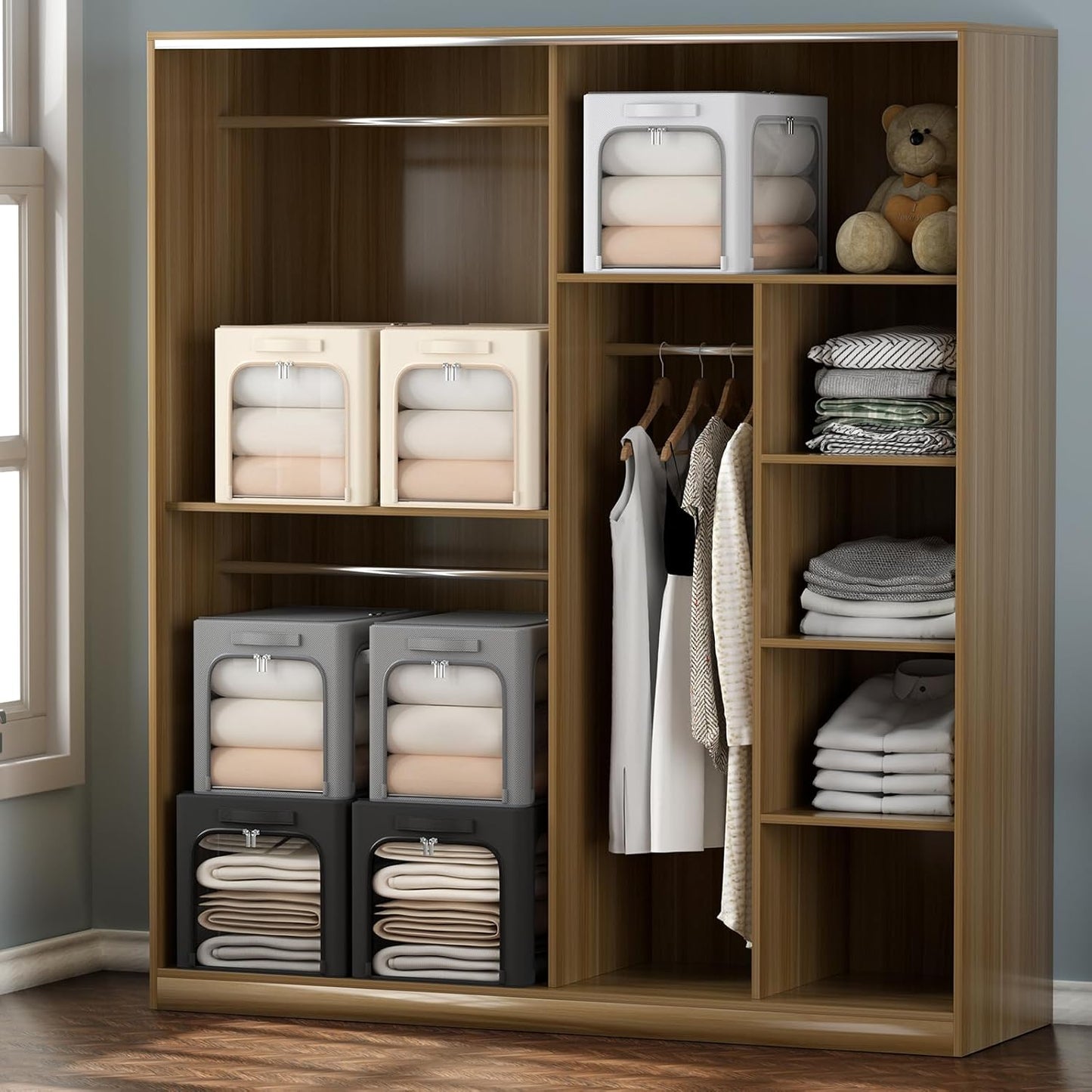 3Pack Clothes Storage Bins - Oxford Frame Storage Box Foldable Stackable Storage Organizer with 3 Openings Design, Metal Frame, Clear Window, Carry Handles (Beige, 100L-23.6 * 16.5 * 15.7in)