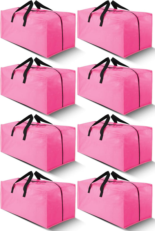 Cosy Family 8 Pack Heavy Duty Extra Large Moving Bags with Backpack Straps - Strong Handles & Zippers, Storage Totes For Space Saving, Fold Flat, Alternative to Moving Box, Pink