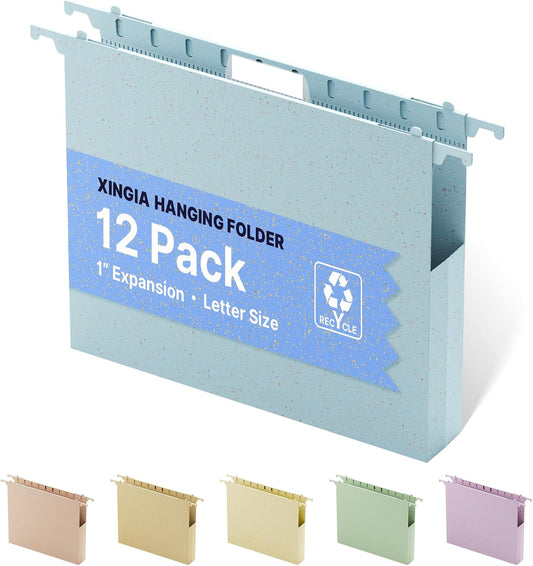 Extra Capacity Hanging File Folder Letter Size,12 Pack Heavy Duty 1 Inch Expansion Filing Cabinet Folders,Wheat Straw Plastic Hang Folder, Reinforced Hanging File Organizer(Morandi Blue)