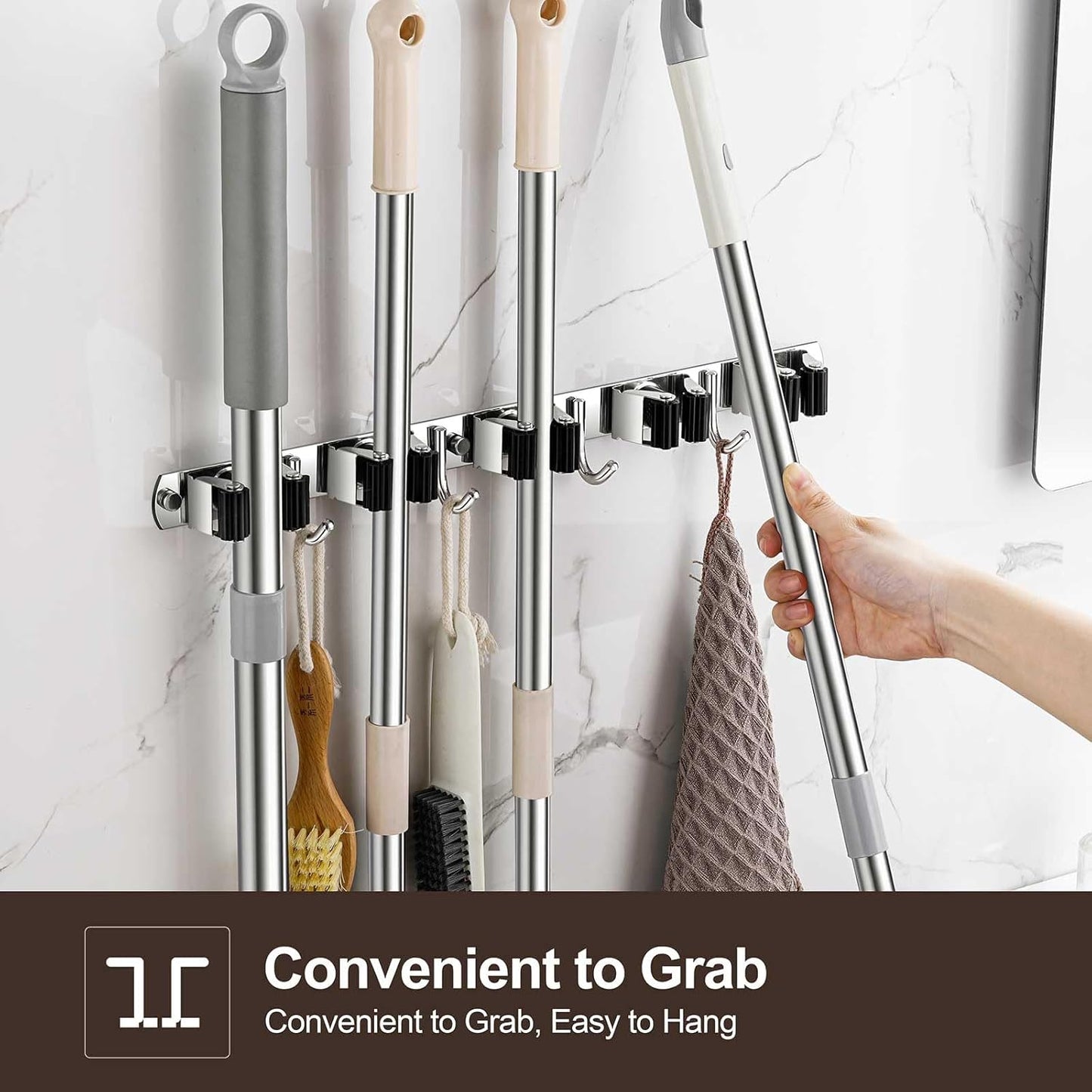 Broom Holder Wall Mount, Stainless Steel Broom Hanger Wall Mount, Heavy Duty Mop and Broom Holder Tool Racks Utility Hooks for Laundry Room Garden Garage, Grey (5 Racks and 4 Hooks)