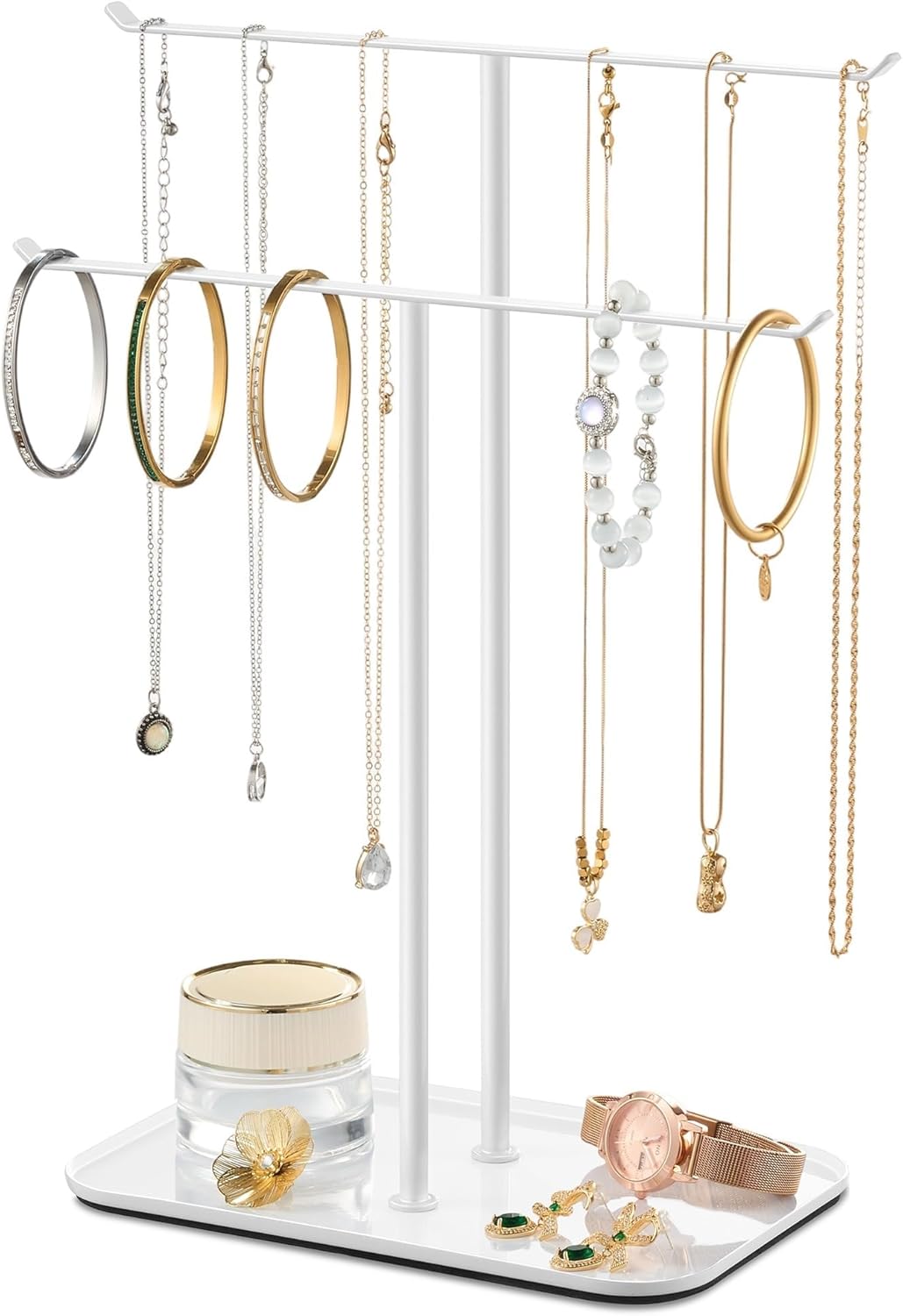 pickpiff Necklace Holder Jewelry Organizer Stand – 2‑Tier T‑Bar Jewelry Display Tree with Tray for Countertop Necklace Bracelet Earring Storage, Vanity Dresser Bathroom Sink, White