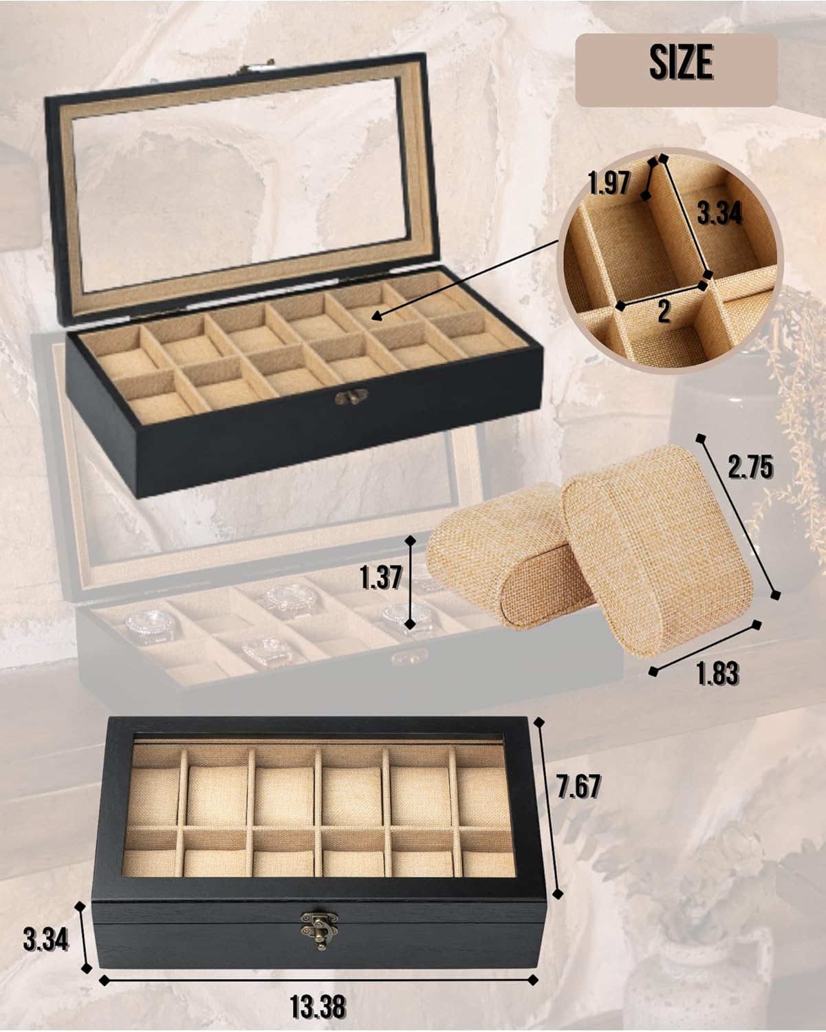 Watch Box, Watch Case for Men Women with Large Glass Lid, Wooden Watch Display Storage Box with 12 - Slots, Charcoal Black Mens Watch Box Organizer