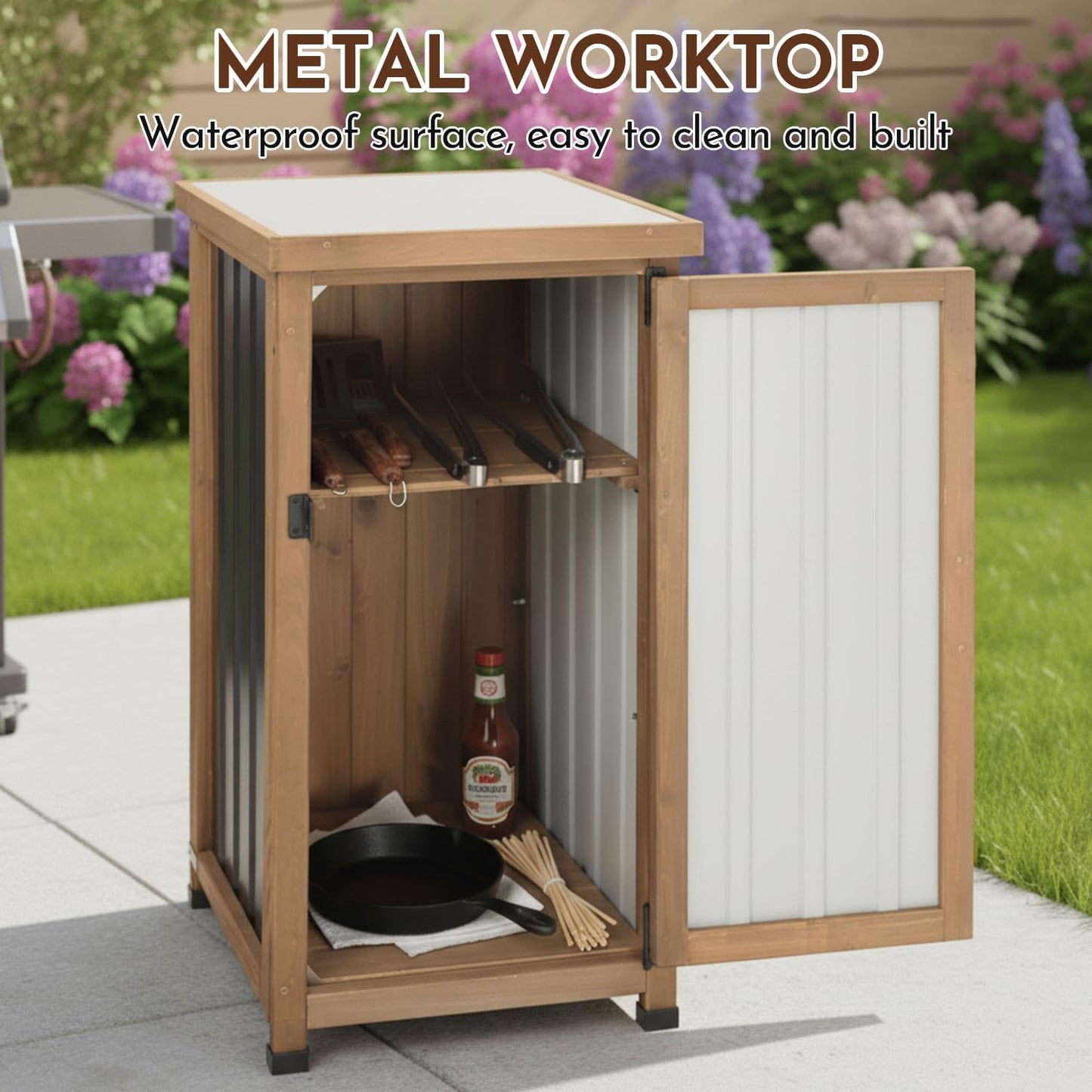 Outdoor Storage Cabinet with Metal Worktop, Fir Wood Frame & Adjustable Shelf, Weather-Resistant Garden Tool Organizer for Patio, Porch, Balcony, or Garage (18" L x 18" W x 33.5" H)