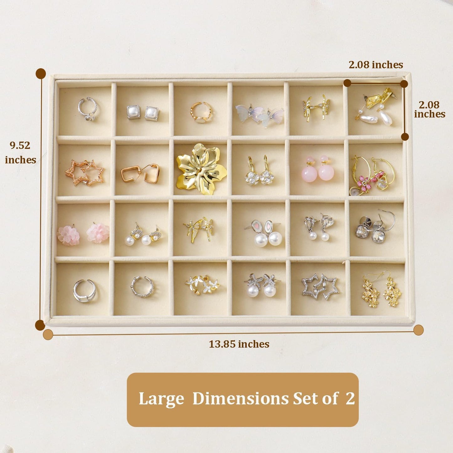 Large Velvet Jewelry Tray 2 Pack Stackable Jewelry Display Drawer Inserts Trays Organizer for Earring Bracelet Necklace Ring (Beige, 24 Grids)